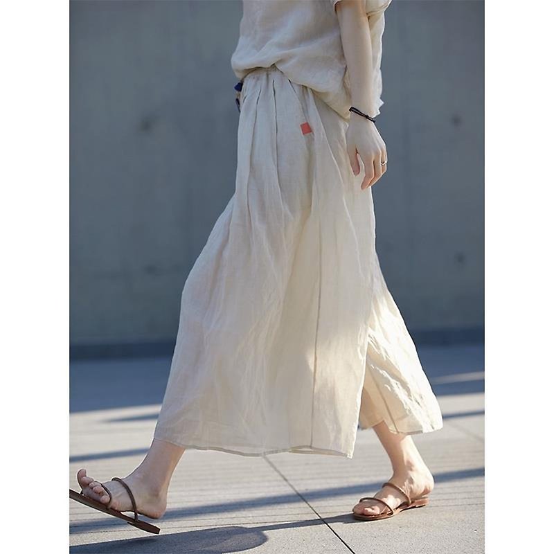 Beige fine ramie elastic drawstring waist cropped skirt pants - Women's Pants - Cotton & Hemp 