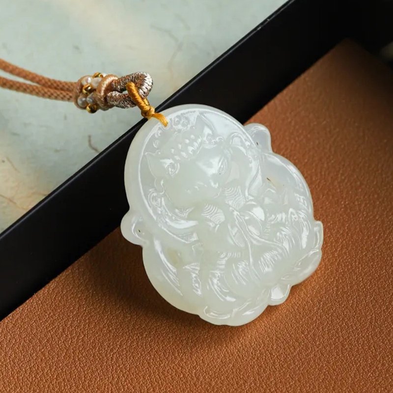 Natural Hetian White Jade Nine-tailed Fox Pendant - Necklaces - Jade White