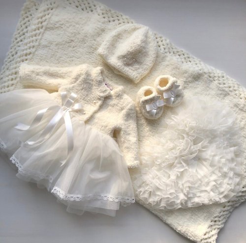 V.I.Angel Hand knit ivory clothing set for baby girl: dress, hat, booties and blanket.