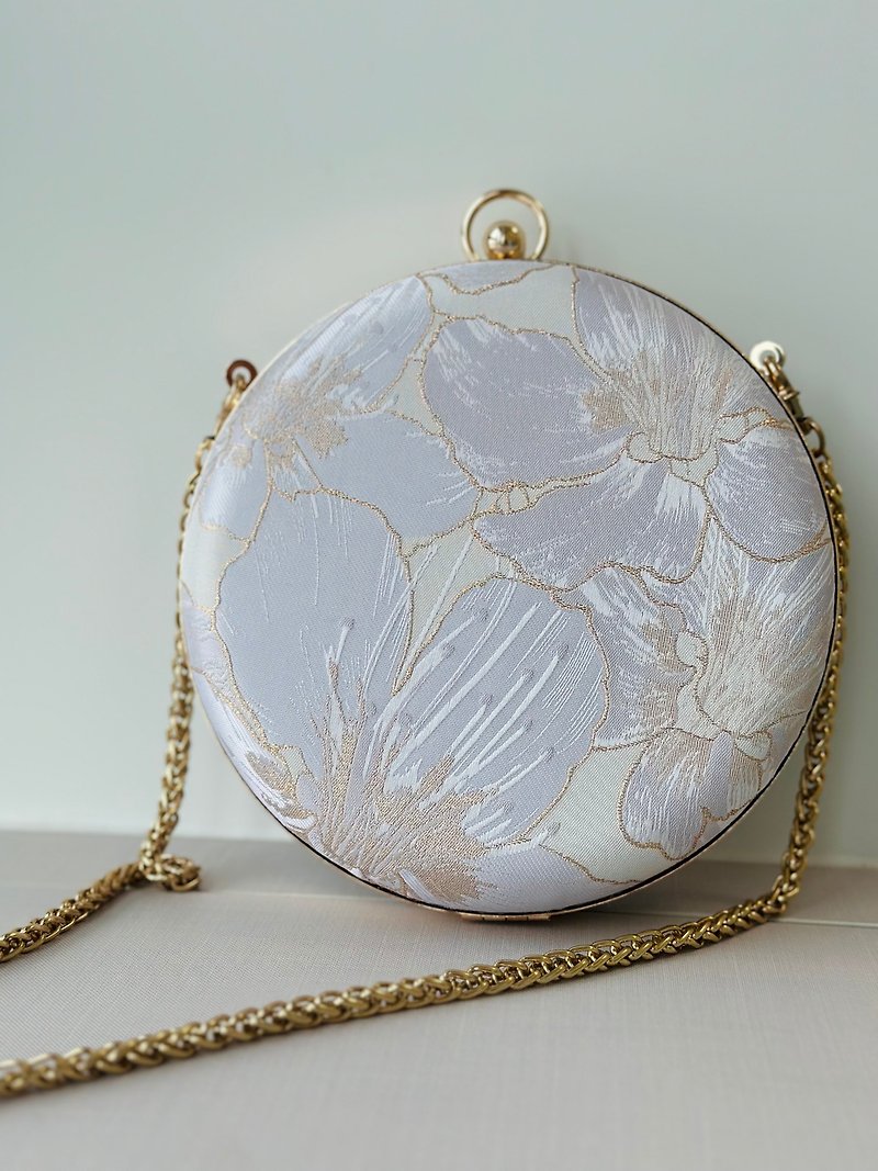 White gold flower brocade round bag - can be carried in hand/cross-body - Clutch Bags - Cotton & Hemp Silver