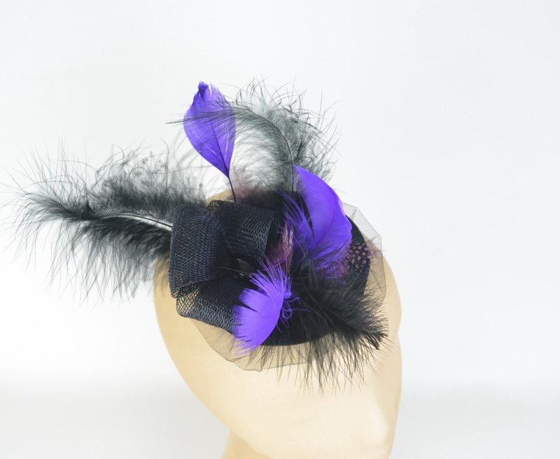 Fascinator with Cascading Feathers, Jewel and Tulle in Purple and Black - Hair Accessories - Other Materials Purple