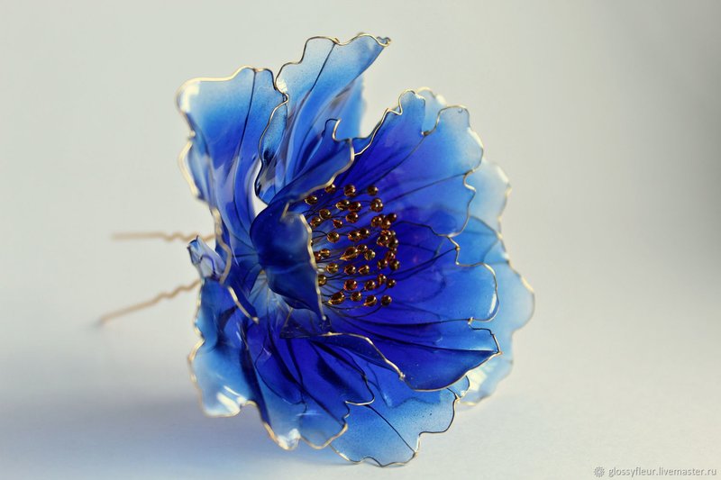 簪 牡丹 藍色的 透明花 展示 髮飾 - 髮圈/髮夾 - 其他材質 藍色