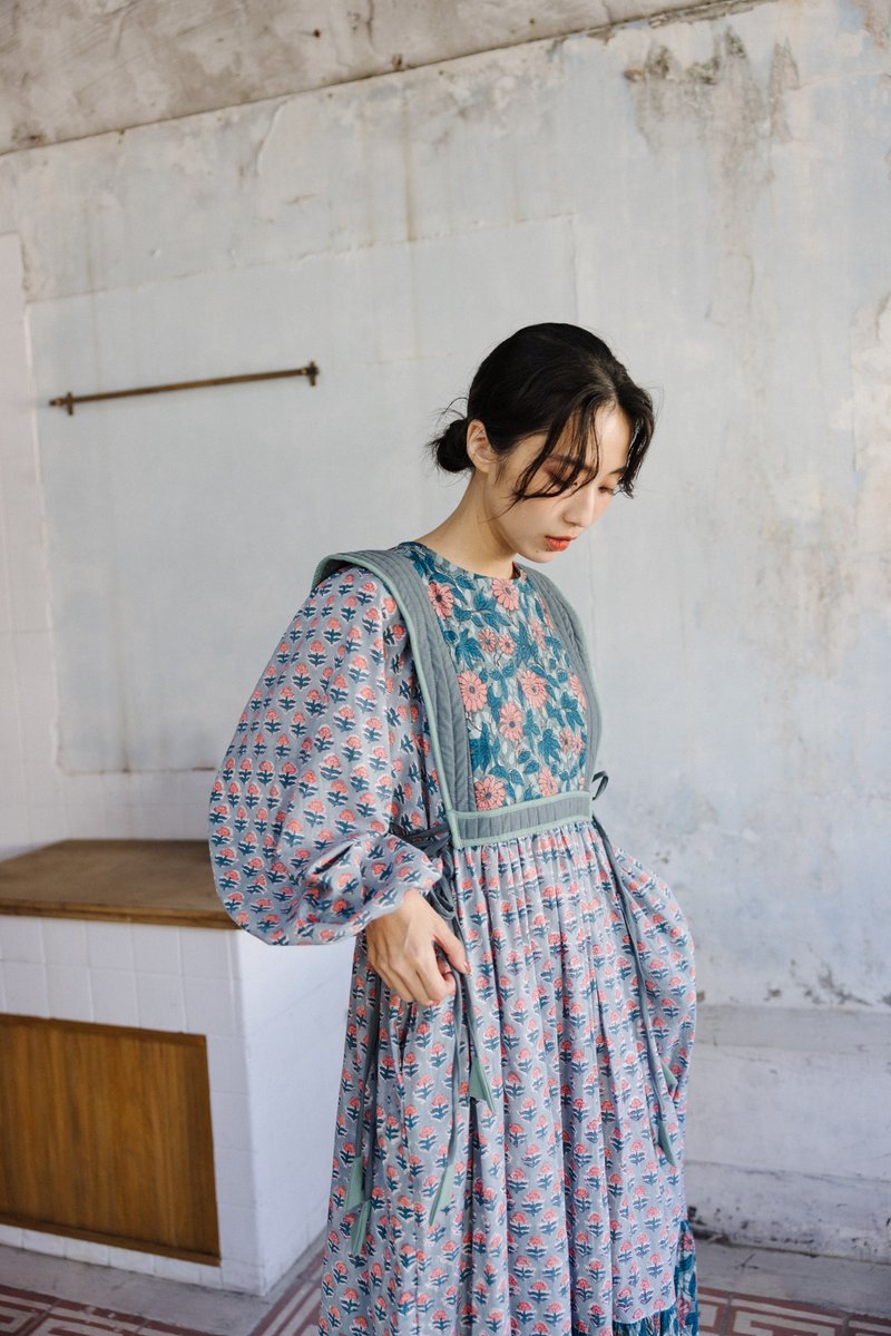 Cute patchwork round neck floral dress_blue and Teal - One Piece Dresses - Cotton & Hemp Green