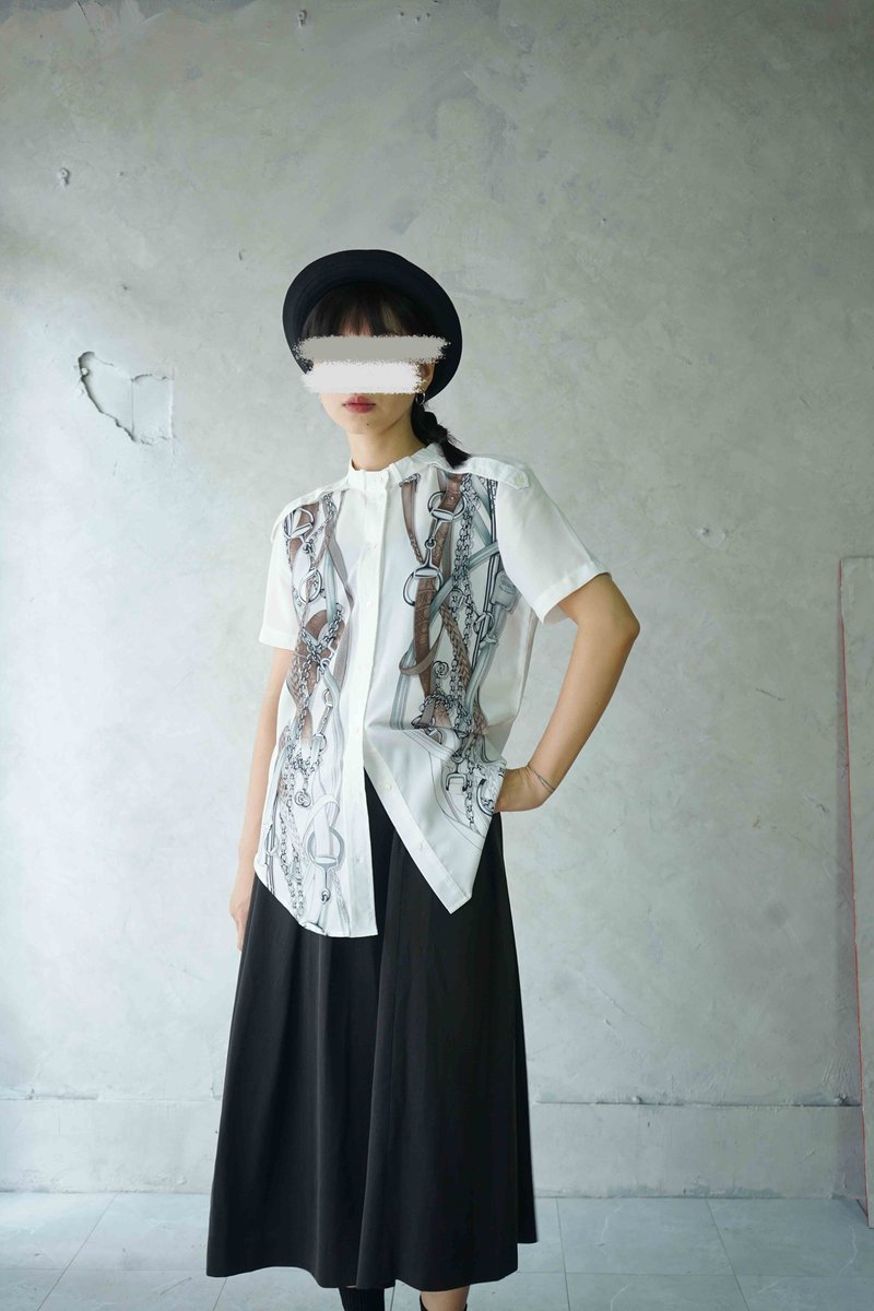 尋寶古著-復古鎖鏈印花gucci白色立領肩章襯衫 - 女襯衫 - 聚酯纖維 白色