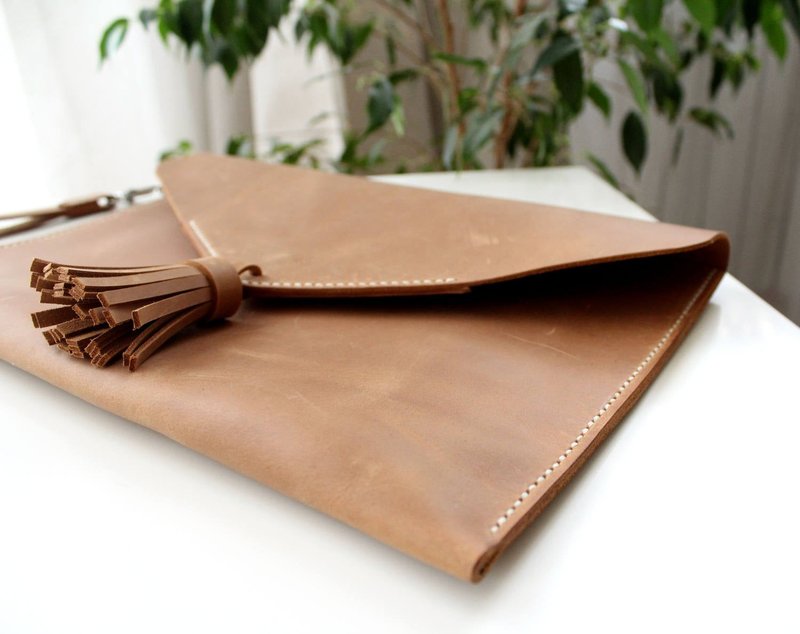 Leather Clutch bag Women's Genuine Leather Clutch Purse Tassel Simple Wrislet - 手拿包 - 真皮 橘色