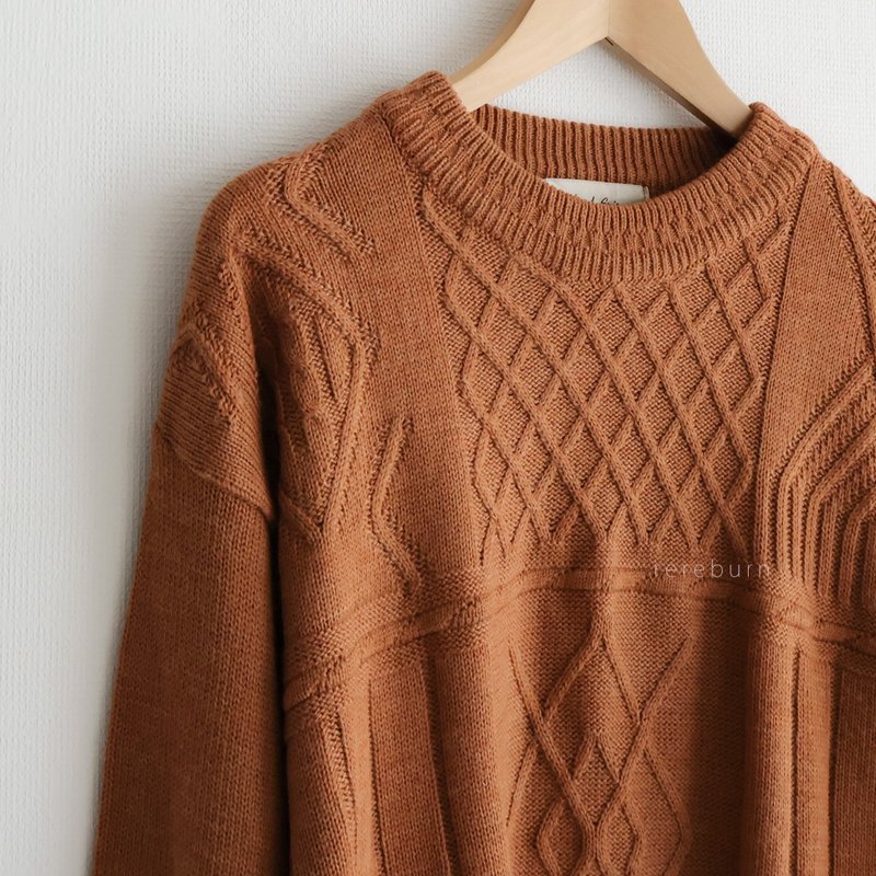 Winter retro neutral Japanese-made geometric knitted loose thin orange wool vintage sweater - สเวตเตอร์ผู้หญิง - ขนแกะ สีส้ม