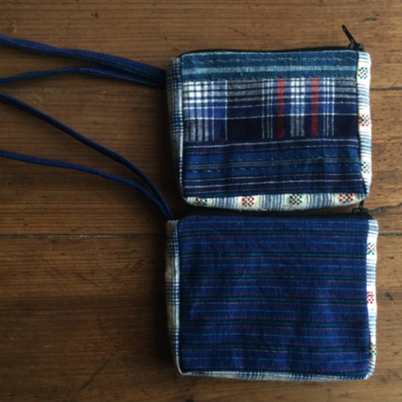 Blue patchwork hand-woven cloth coin purse dobula chain sundries bag leisure card bag storage bag jewelry bag - Coin Purses - Cotton & Hemp Blue