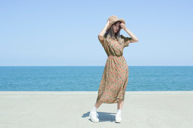 Earth flower short-sleeved vintage dress - ชุดเดรส - เส้นใยสังเคราะห์ สีส้ม