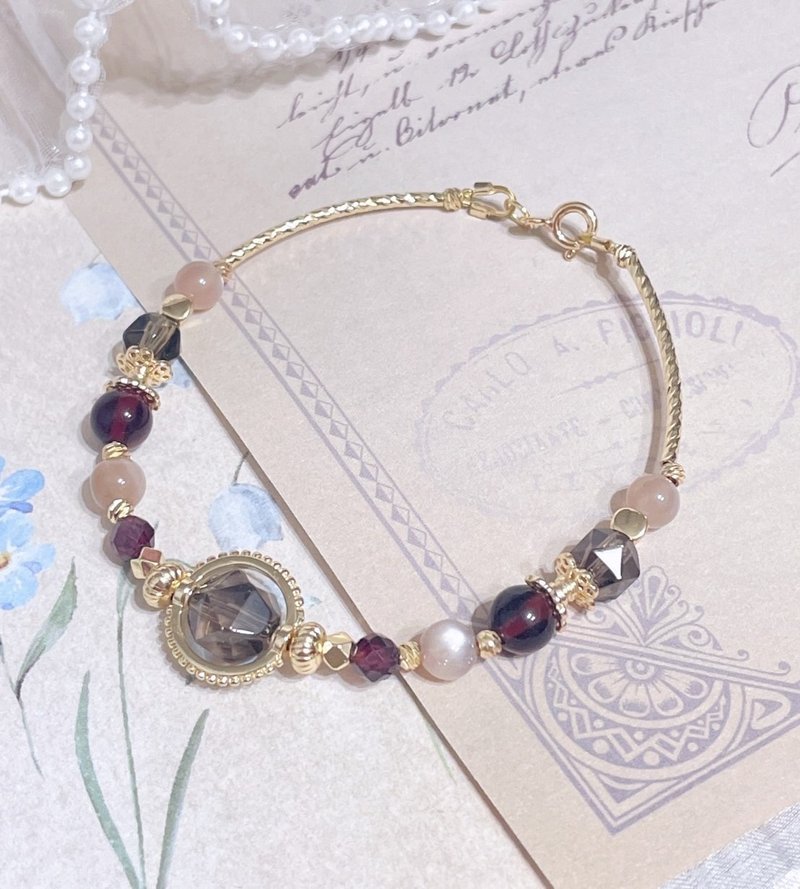 紅石榴石/金骨幹太陽石/茶水晶/14K保色手鍊 - 手鍊/手環 - 其他金屬 白色