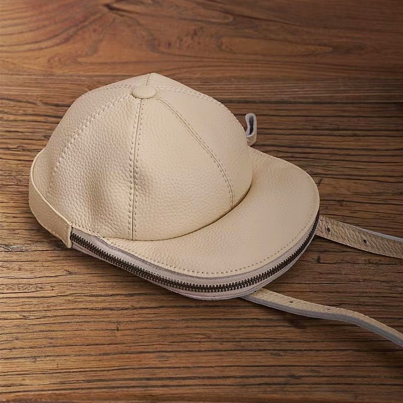 Niche design leather hat bag personalized baseball cap messenger bag compact small round bag shoulder mobile phone bag - Handbags & Totes - Genuine Leather White