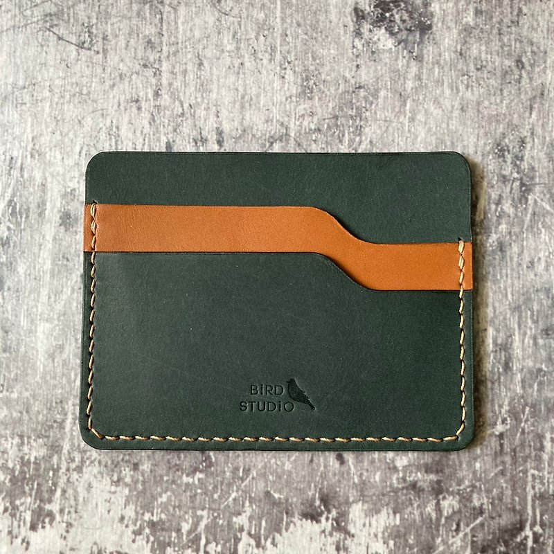 【撞色系列】 手縫植鞣 信用卡夾/套 - 墨綠色(共兩色) - 證件套/卡套 - 真皮 