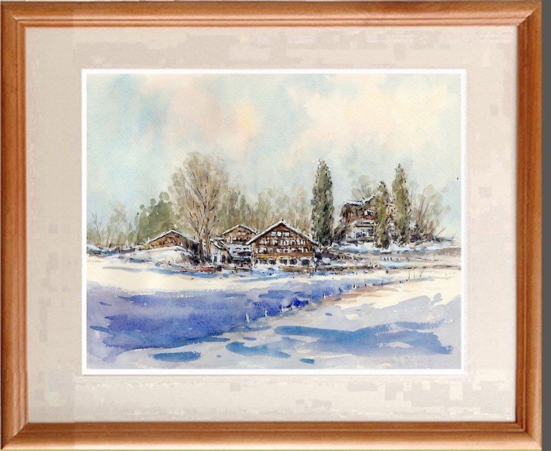 Original watercolor painting Winter Grindelwald 1 - โปสเตอร์ - กระดาษ สีน้ำเงิน