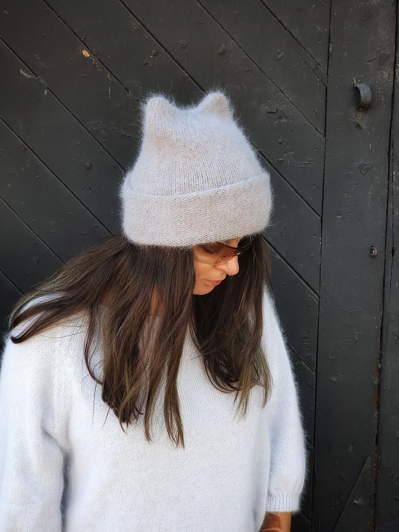 Cat beanie. Angora fluffy hat. Gray angora hat - Hats & Caps - Wool Gray