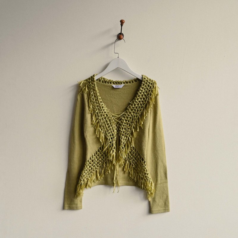 【NaSuBi Vintage】鏤空編織針織古著毛衣 - 女裝毛衣/針織衫 - 其他人造纖維 綠色