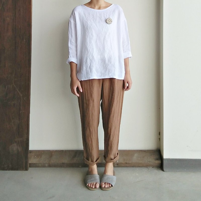 Feliz & Recap [linen slacks] brown - กางเกงขายาว - ผ้าฝ้าย/ผ้าลินิน สีนำ้ตาล