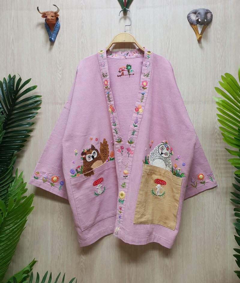 Hand Embroidery Cardigan, Cotton, Owl, Mushroom, Flower - Women's Casual & Functional Jackets - Thread Pink