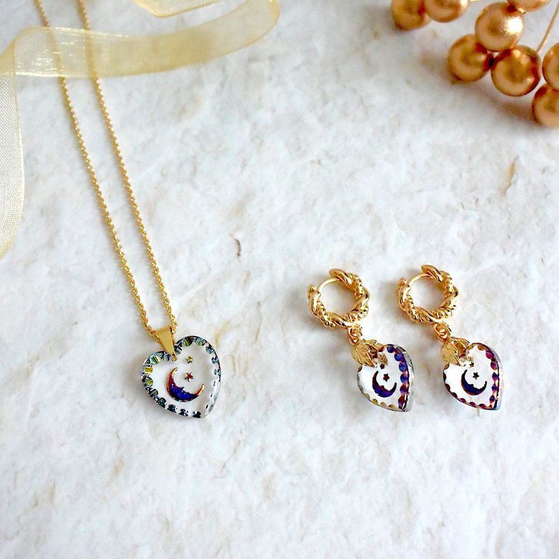 Vintage German moon intaglio necklace and earrings set - สร้อยคอ - แก้ว สีทอง