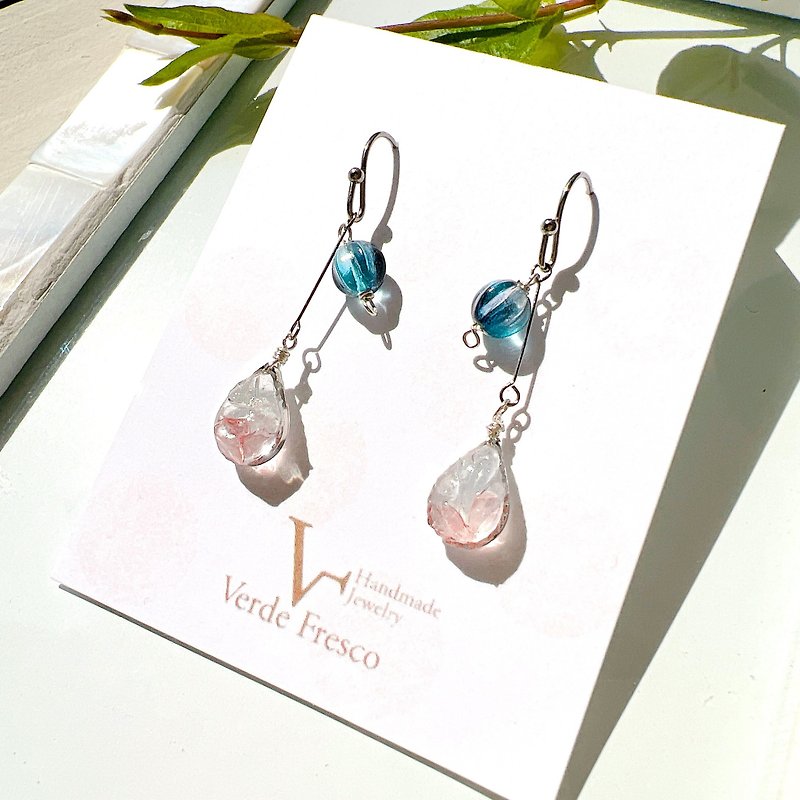 Natural stone rose quartz and aquamarine/Czech glass earrings Hypoallergenic Clip-On Stainless Steel 0052 - Earrings & Clip-ons - Semi-Precious Stones Pink