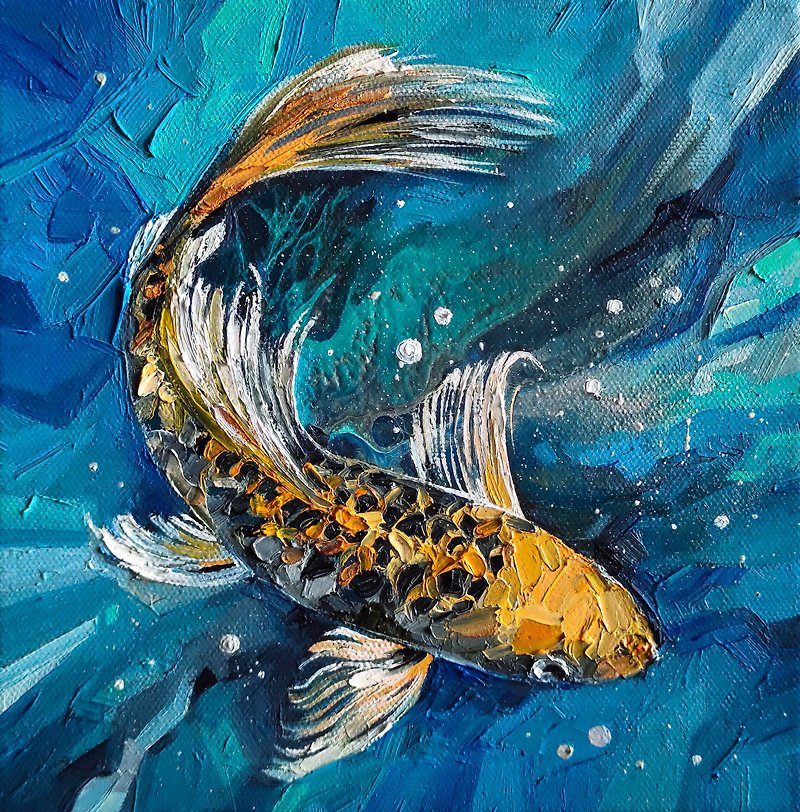koi fish painting fish hand-painted original painting oil painting goldfish art - Posters - Other Metals Blue