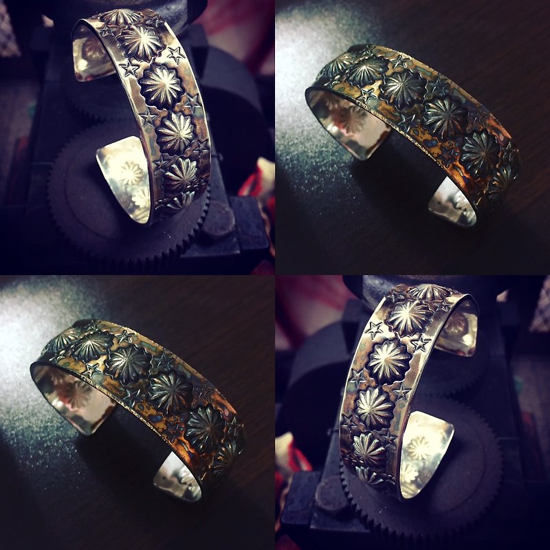 Hand-printed chrysanthemum C-shaped silver bracelet - Bracelets - Other Metals Silver