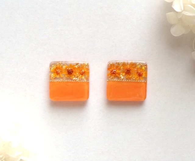 No.304　オレンジのブーケ　本物のお花のピアス　イヤリング No.304 オレンジのブーケ 本物のお花のピアス イヤリング