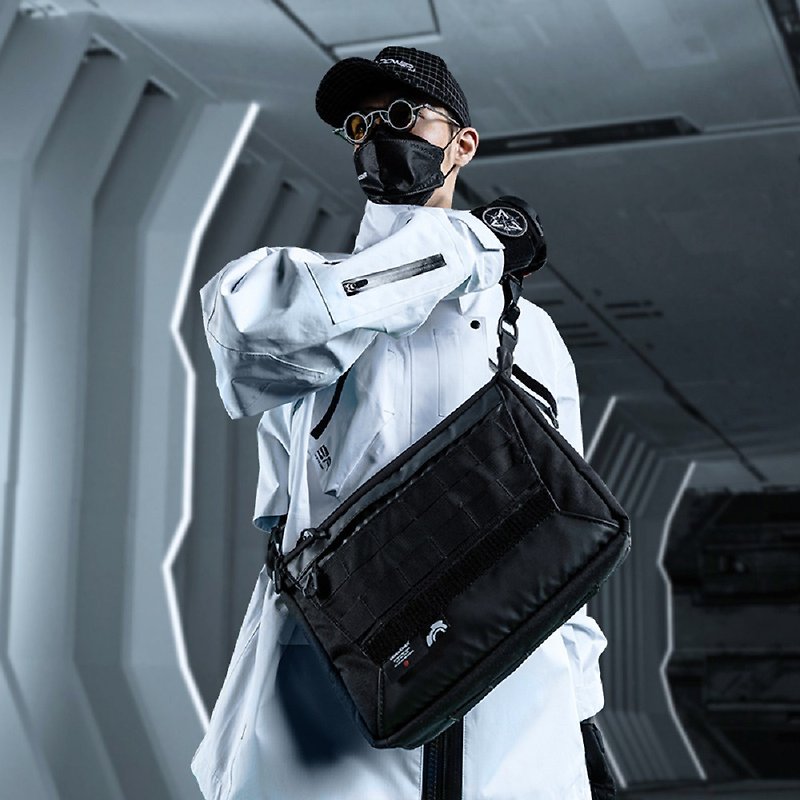 Co-branded cyberpunk functional shoulder bag functional waterproof messenger bag tactical molle system - Messenger Bags & Sling Bags - Polyester Black