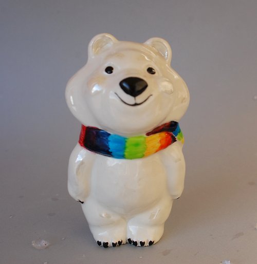 PorcelainShoppe Polar bear porcelain figurine rainbow scarf cute animals ceramic figurine
