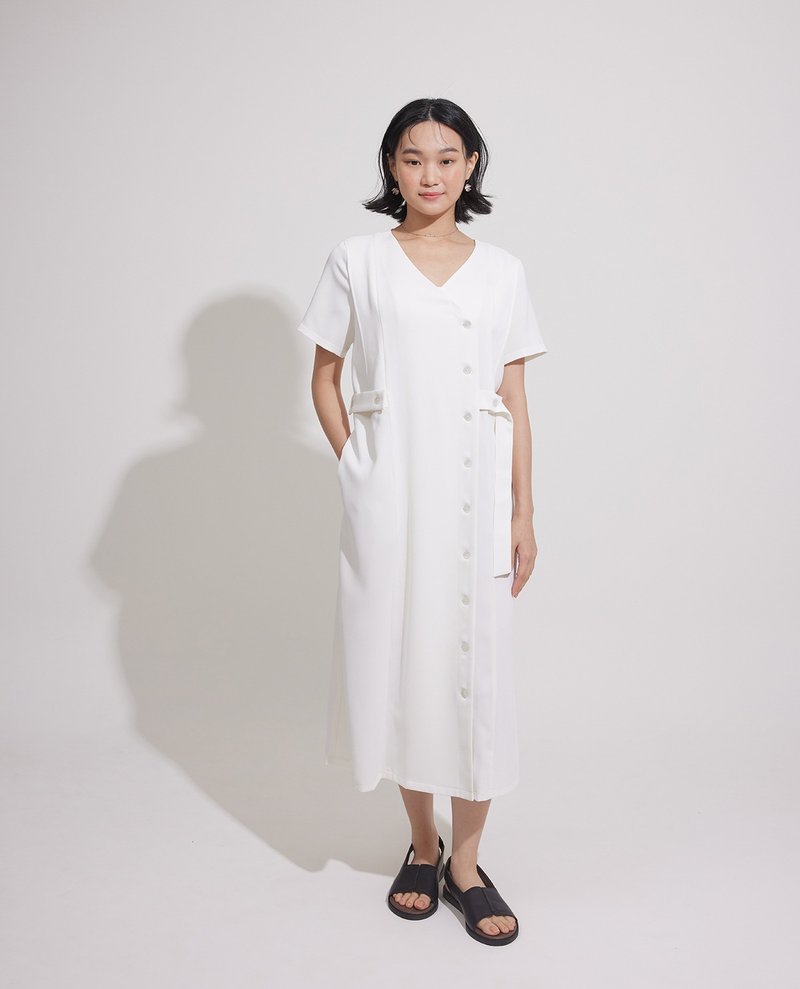 Miss Bertie V-neck pocket cardigan dress-Yunhua - One Piece Dresses - Polyester White