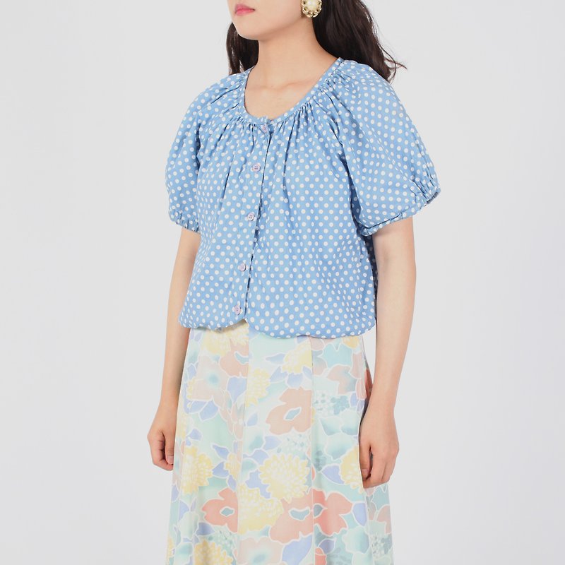 [Egg plant vintage] wavy water jade cotton short-sleeved vintage shirt - Women's Shirts - Cotton & Hemp Blue