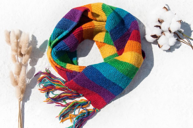 Hand-knitted pure wool scarf / knitted scarf / crocheted striped scarf / hand-knitted scarf-rainbow stripes - ผ้าพันคอถัก - ขนแกะ หลากหลายสี
