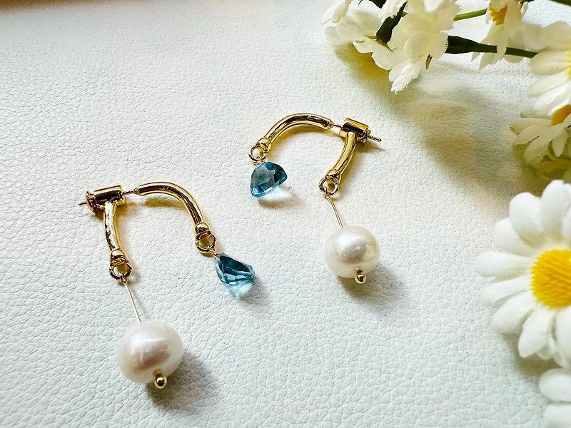 Blue Triangular Quartz Stone Bronze 14k Stick-On Earrings + Back Earbuds Dangle Pearls_Clips can be modified for free - ต่างหู - เครื่องประดับพลอย หลากหลายสี