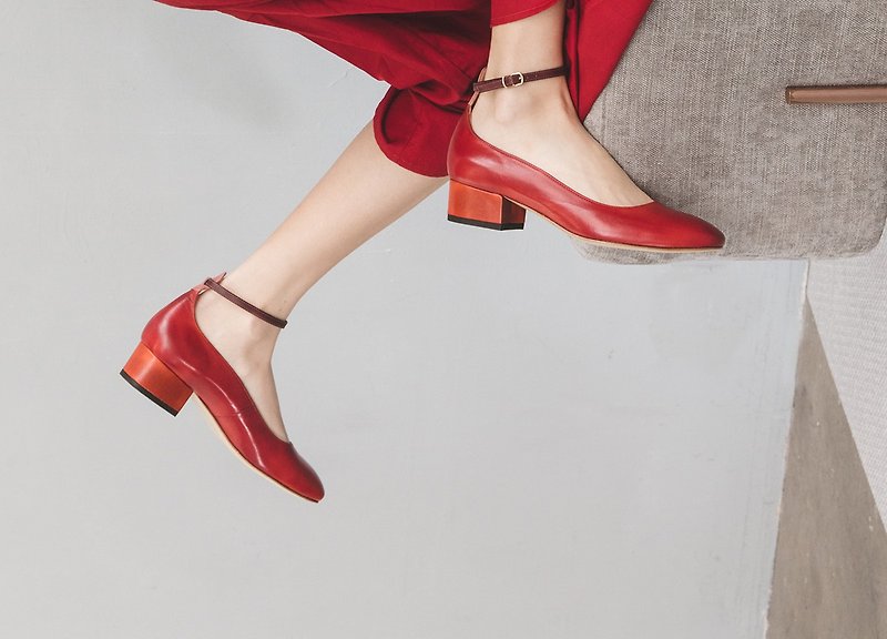 3.4 Ankle Belt Heels - Paprika Red - รองเท้าบัลเลต์ - หนังแท้ สีแดง