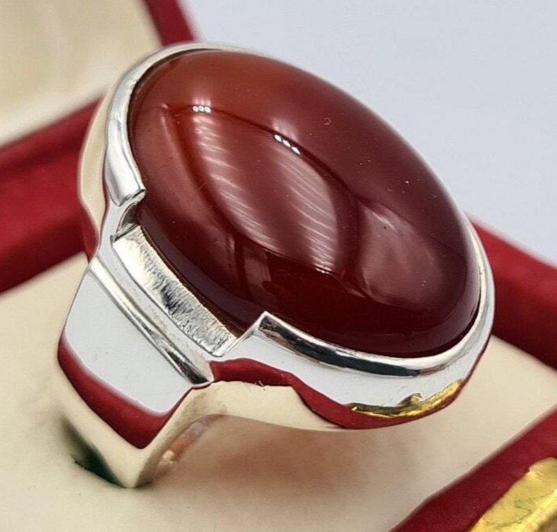 Aqeeq Ring Real Agate Gemstone Jewelry men Rings handmade sterling silver ring - 戒指 - 寶石 咖啡色