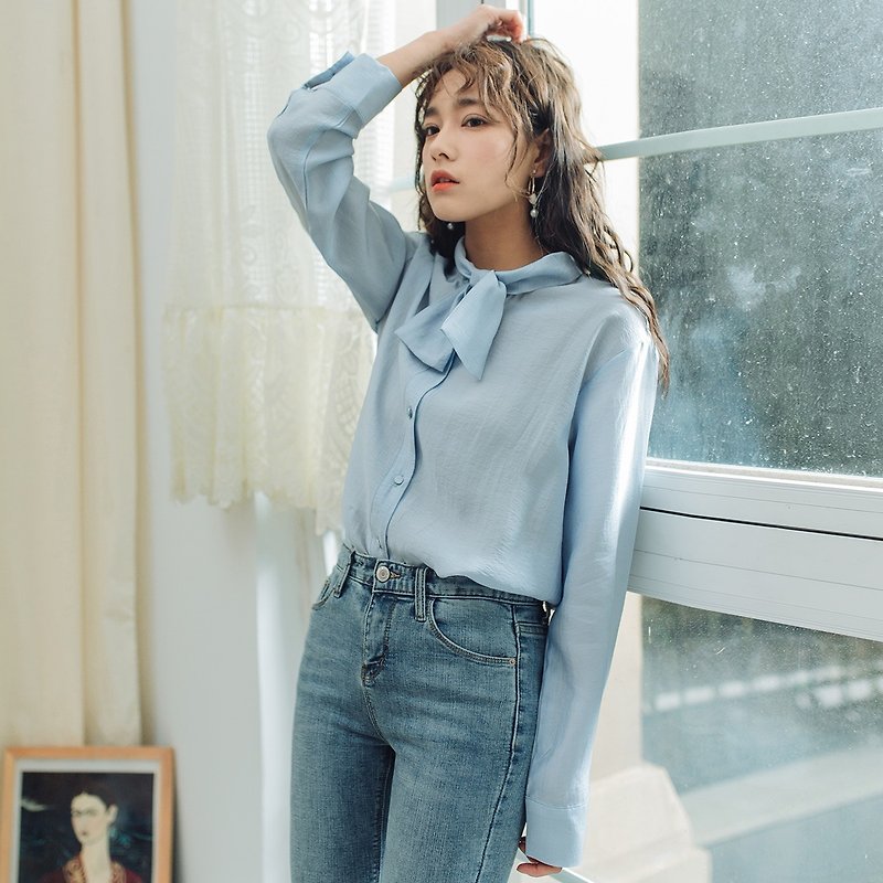 Annie Chen 2018 summer new literary ladies shirt solid color floating led shirt - Women's Shirts - Cotton & Hemp Blue