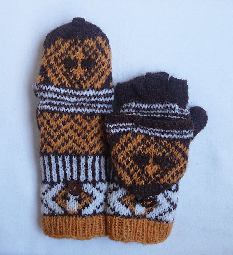 羊毛編織手套  單線編織 合手款 橘 - 手套/手襪 - 羊毛 橘色