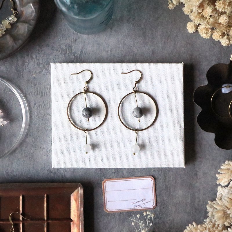 Geometric simple brass series - grayscale map stone white jade can be changed - Earrings & Clip-ons - Copper & Brass Gray