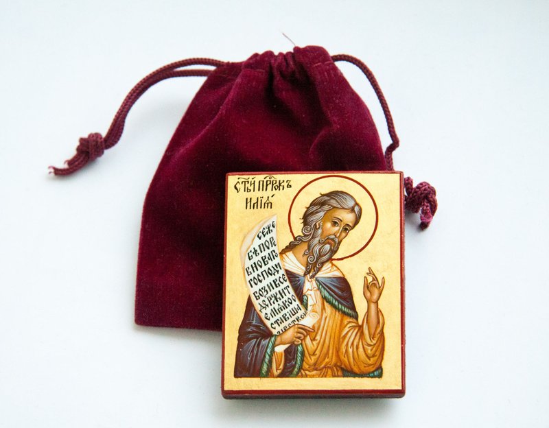 hand painted orthodox wood icon  Saint holy Prophet Elijah pocket size miniature - 其他 - 木頭 橘色