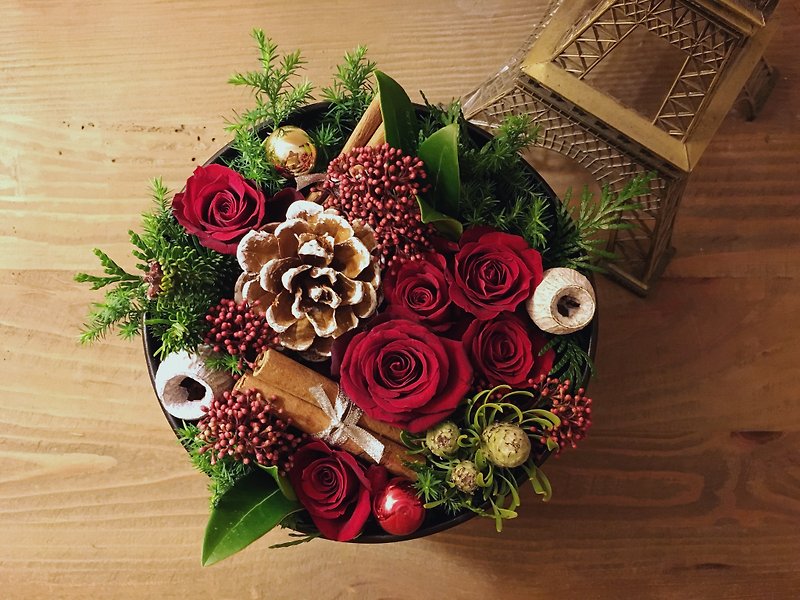 Christmas Floral Handmade Course - Wannian Red Gifts Flower Box - with packaging / dessert drinks - จัดดอกไม้/ต้นไม้ - พืช/ดอกไม้ 