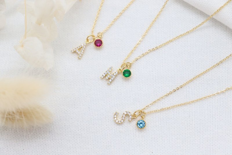 Personalized Birthstone Necklace with CZ Initial Charm Unique Birthstone Letter - Necklaces - Copper & Brass Gold