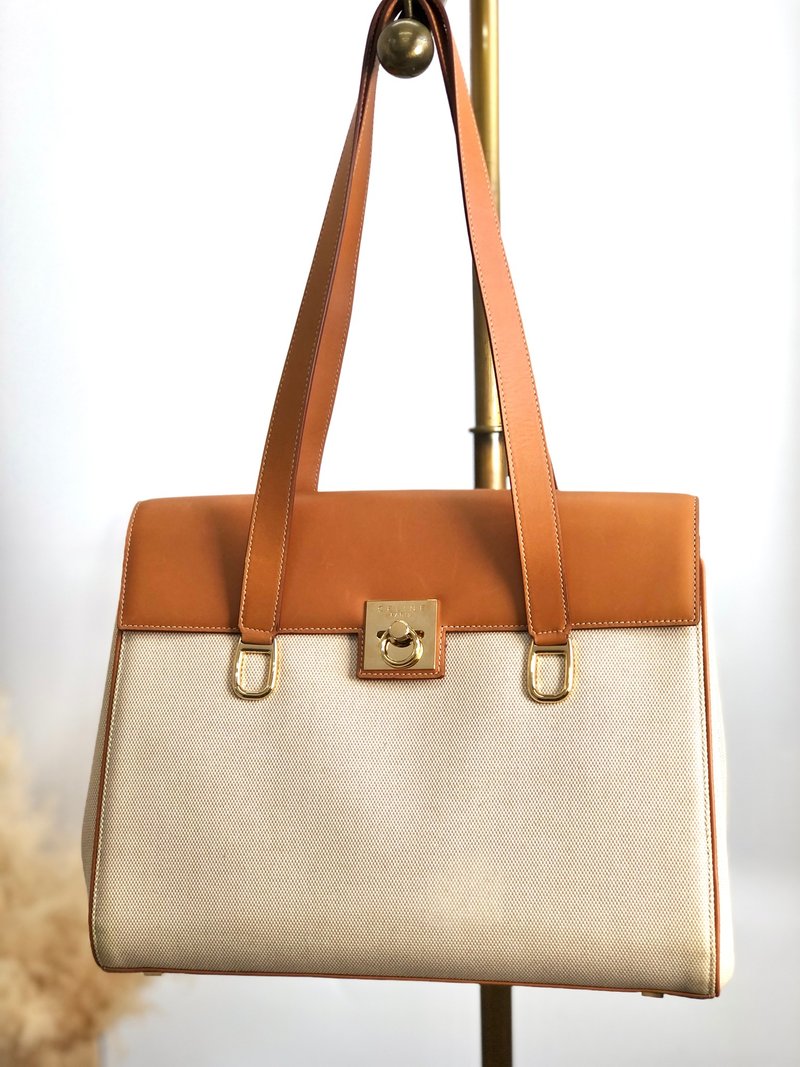 【 日本直送　名牌中古包 】CELINE セリーヌ ハンドバッグ ブラウン ベージュ ガンチーニ キャンバス レザー vintage ヴィンテージ hzaany - 手提包/手提袋 - 棉．麻 咖啡色