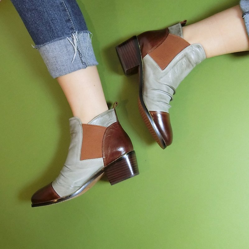 Box color matching ankle boots || Knight forward two steps to E5 rate of gray || # 8081 - รองเท้าบูทสั้นผู้หญิง - หนังแท้ สีเทา