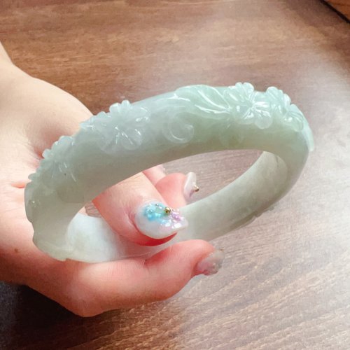 瓔珞翡翠 冰種雕花翡翠手鐲 | 18圍 | 天然緬甸玉翡翠A貨 | 送禮