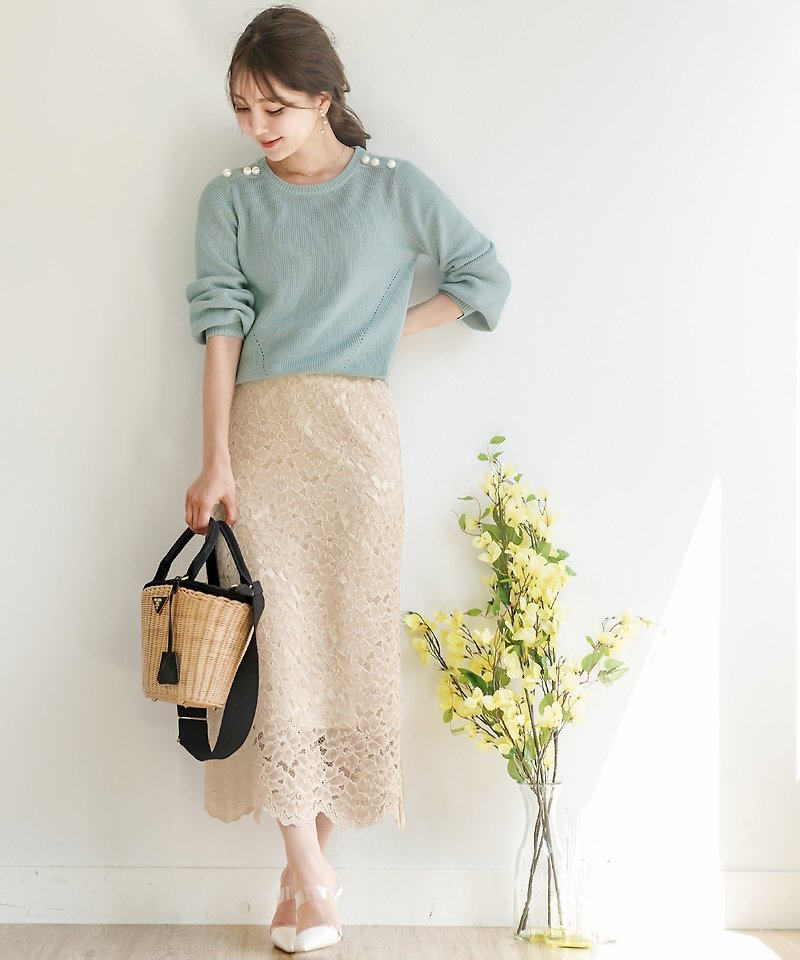 le reve vaniller / gradient flower lace narrow skirt - กระโปรง - ผ้าฝ้าย/ผ้าลินิน 