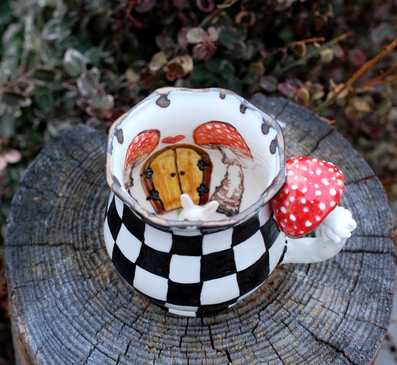 Black white Art mug Tea coffee cup Handmade porcelain mug Rabbit figurine inside - 咖啡杯/馬克杯 - 陶 多色