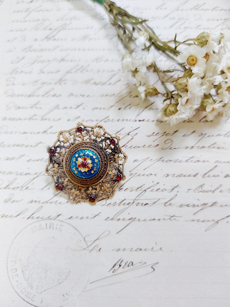 Emaux Bressans Blue Enamel Antique Brooch【French antique jewelry】 - เข็มกลัด - วัตถุเคลือบ สีน้ำเงิน