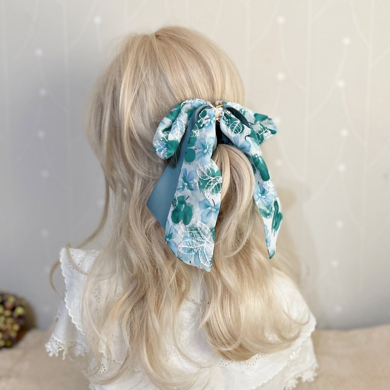 French country embroidery silk scarf banana clip scrunchie ring hair ring ponytail clip intersecting clip clip - เครื่องประดับผม - วัสดุอื่นๆ สีเขียว