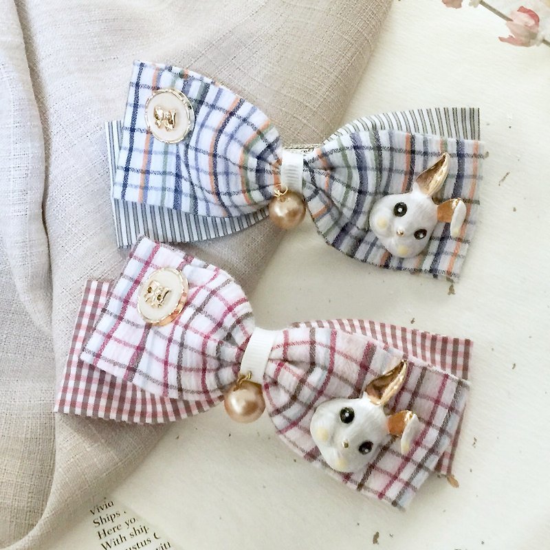 Cute rabbit plaid striped cotton bow hairpin ~ automatic banana clip ponytail clip spring clip - เครื่องประดับผม - ผ้าฝ้าย/ผ้าลินิน หลากหลายสี