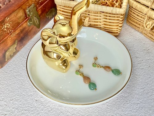 鯨象手作 Jing-Siang Handmade Jewelry 水滴串串 印度瑪瑙 淺綠色滴油圓形不鏽鋼耳釘耳環