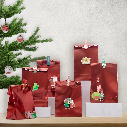 joyfun 聖誕禮物包裝用紙袋(6入)-聖誕閃紅色