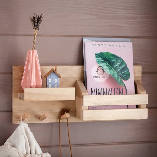 Pinguwood Wooden Wall Hanger Bookshelf and Pegs Hooks for Hallway Clothes Rack, Hole Board